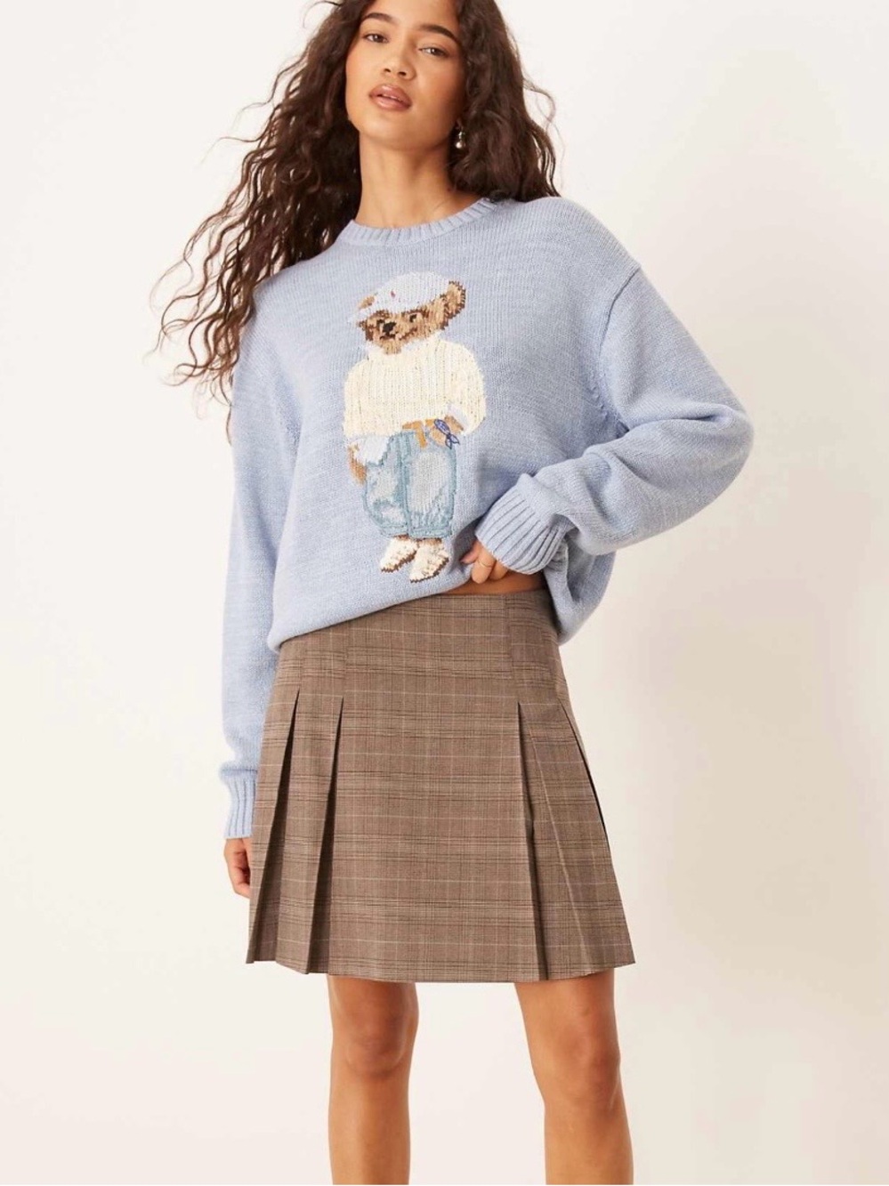 Mango Pleated Mini Skirt in Brown Check
